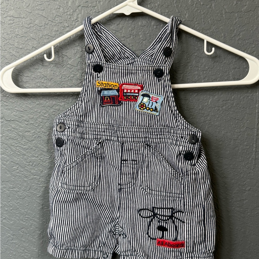 Vintage Striped Kids Overalls with Train design